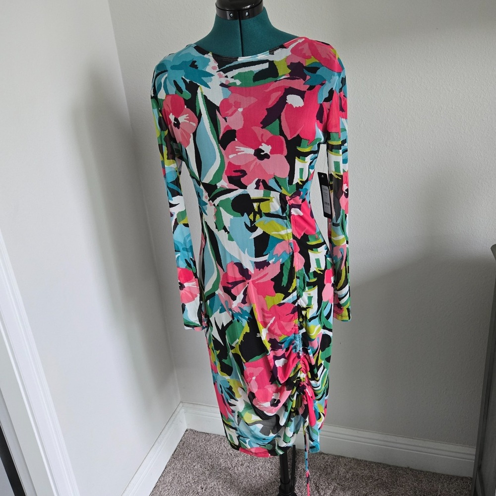 Bebe Womens Long Sleeve Mesh Ruched Dress Black / Multicolor Size Large NWT
